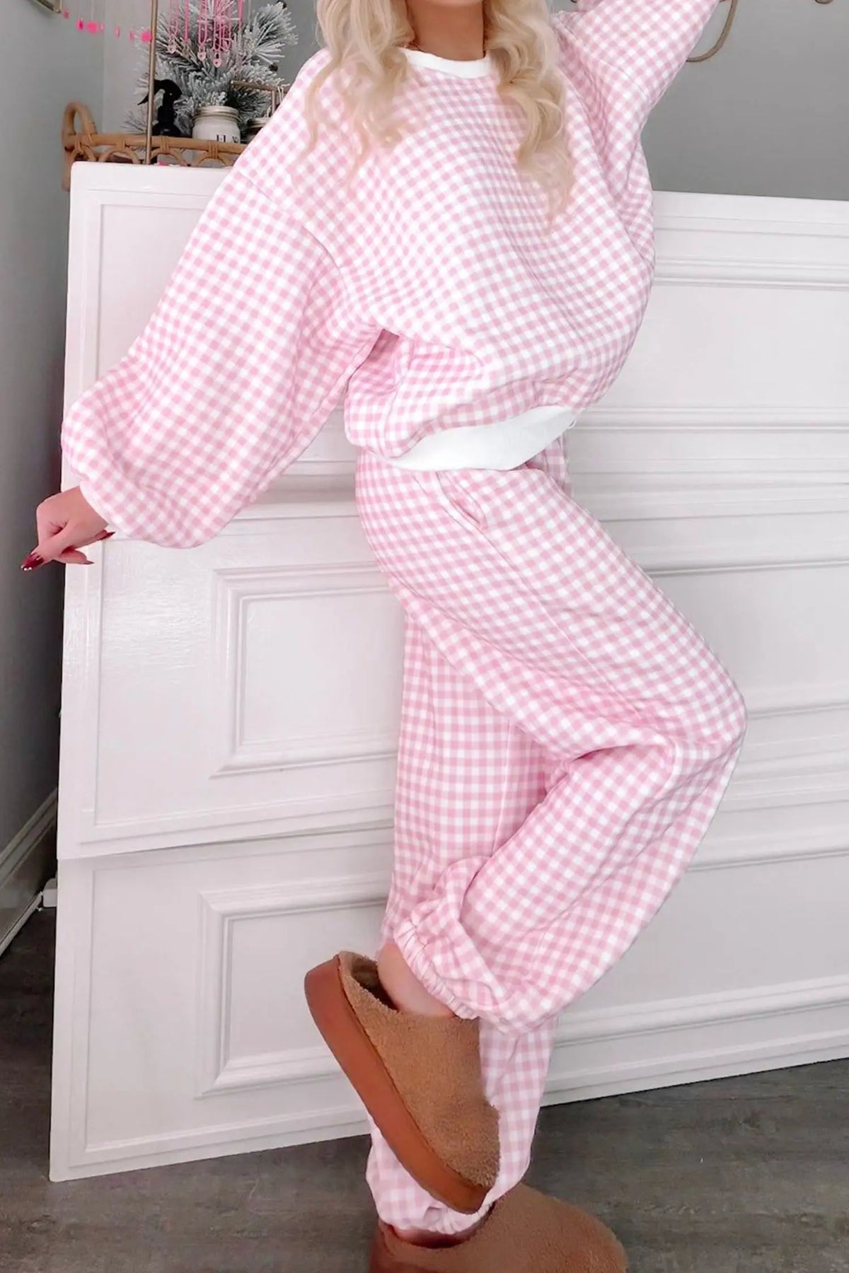 Plaid Long Sleeve Two Piece Pant Set – Pink