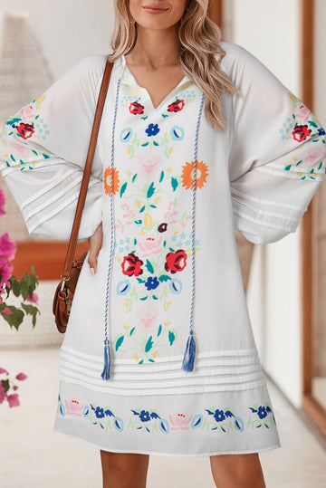 White Floral Print Boho Tassel Tie Split Neck Tucking Detail Puff Sleeve Mini Dress eAura