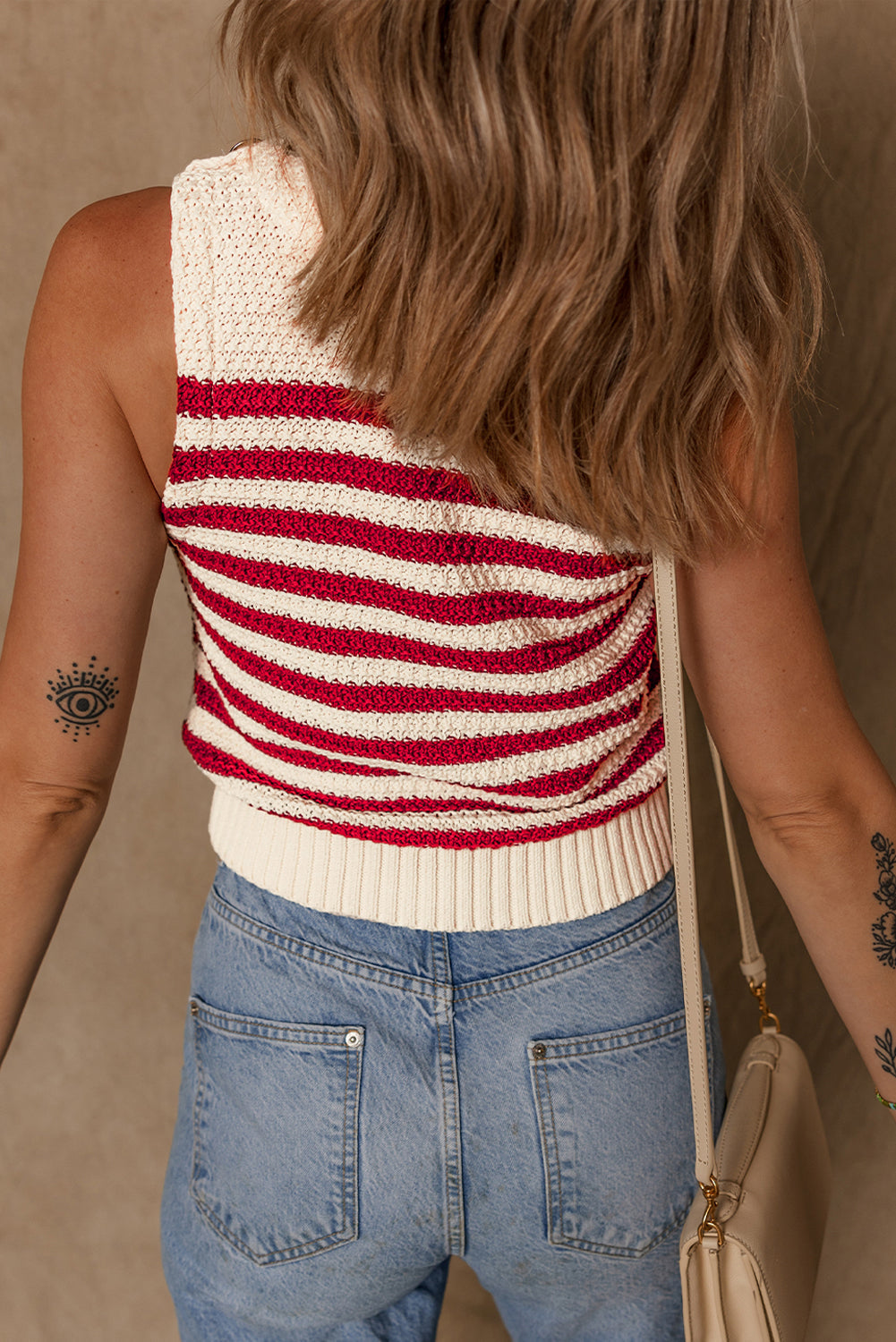 Red Stripe Textured Knit Ribbed Hem Sweater Sleeveless Top eAura