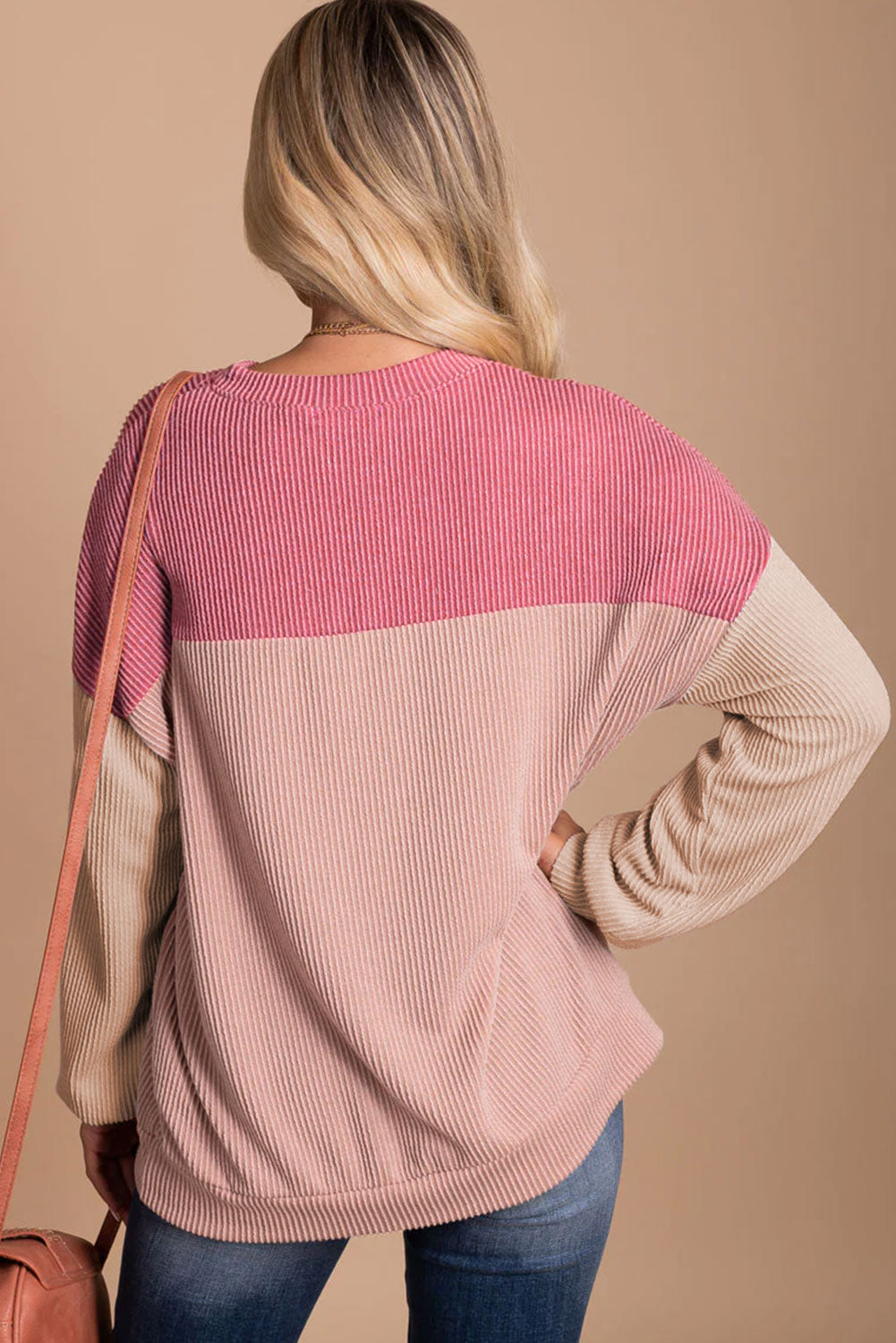 Pink Colour Block Long Sleeve Ribbed Loose Top eAura