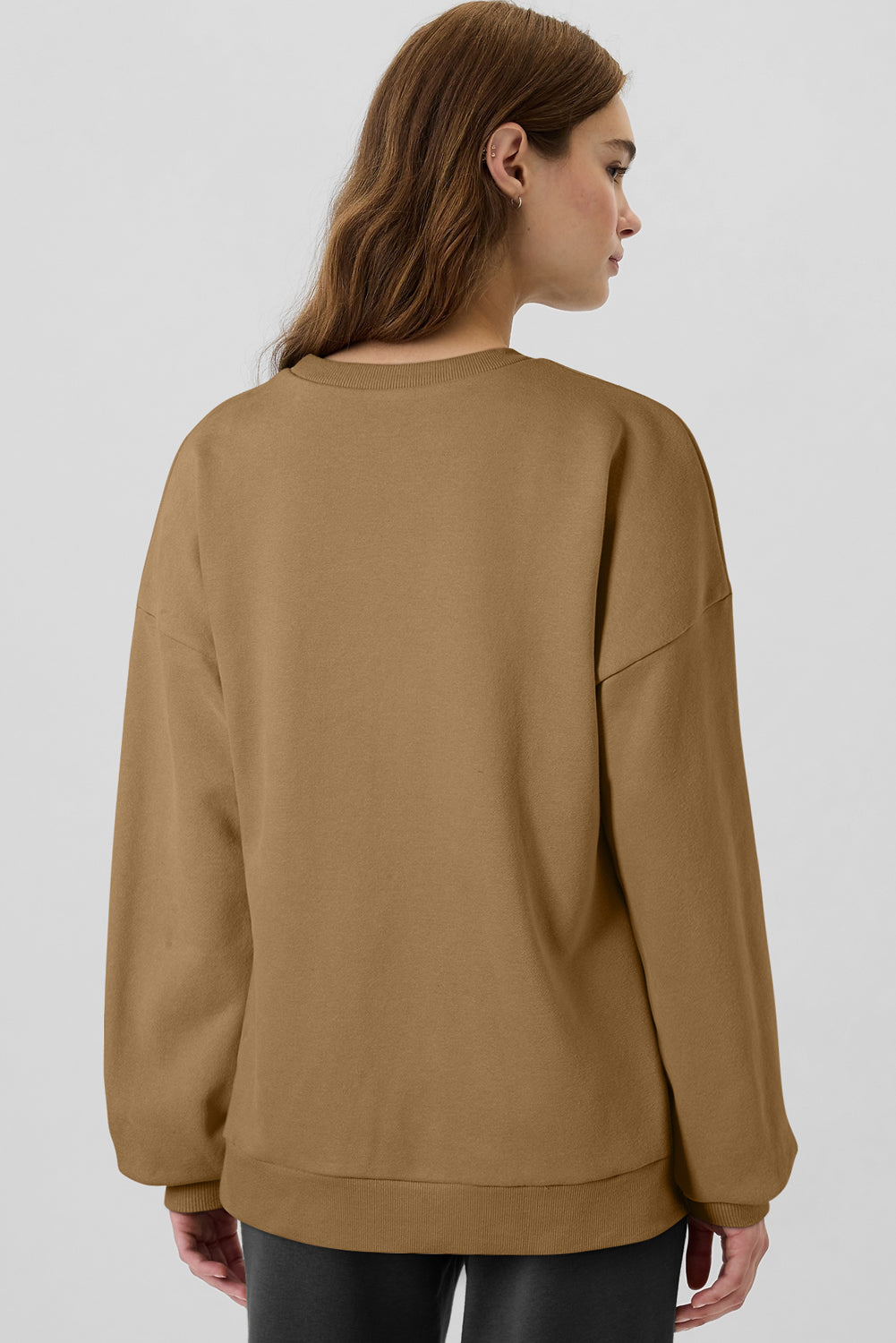 Camel Solid Fleece Lined Drop Shoulder High Low Sweatshirt eAura