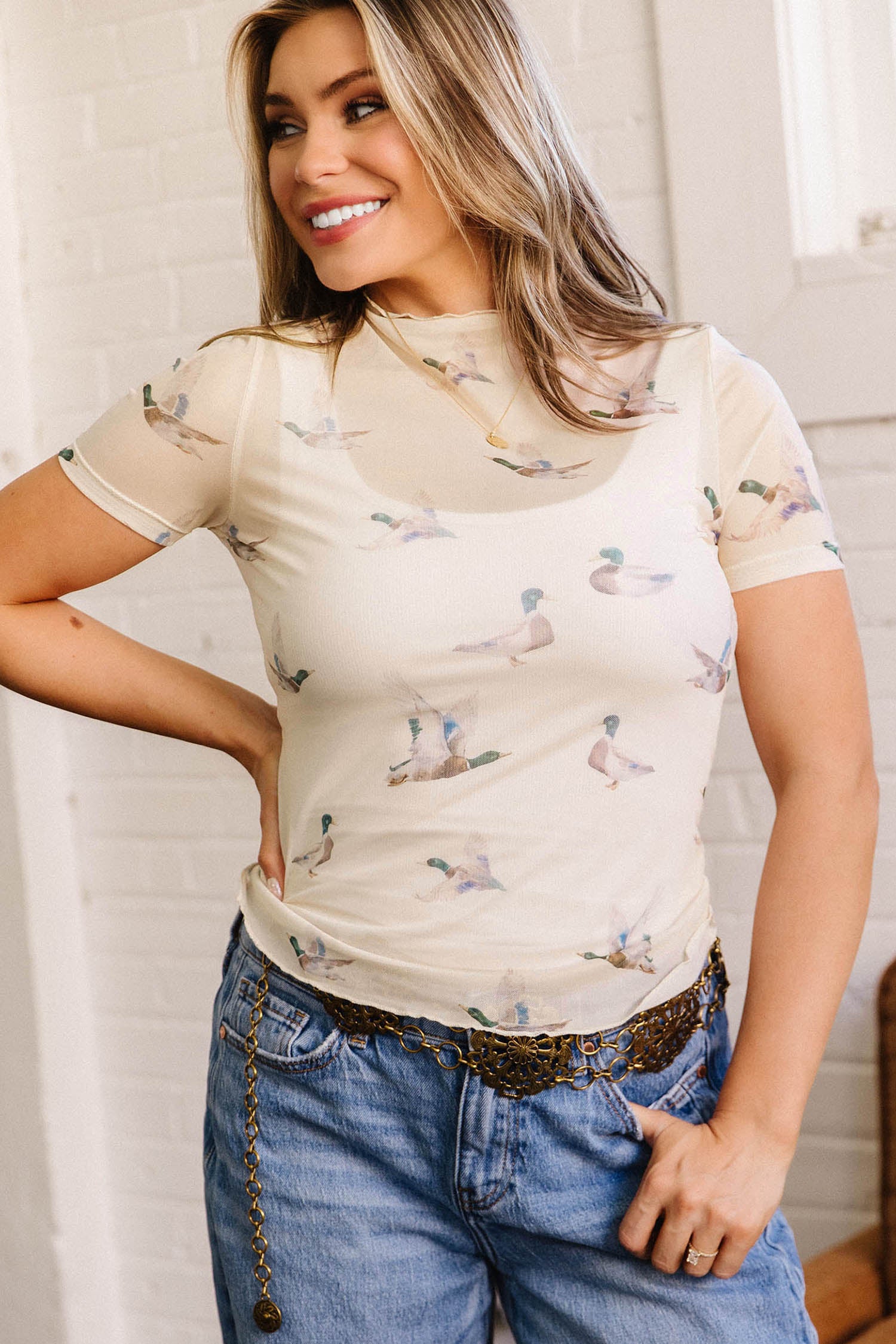 Beige Mallard Print Sheer Mesh Short Sleeve Top