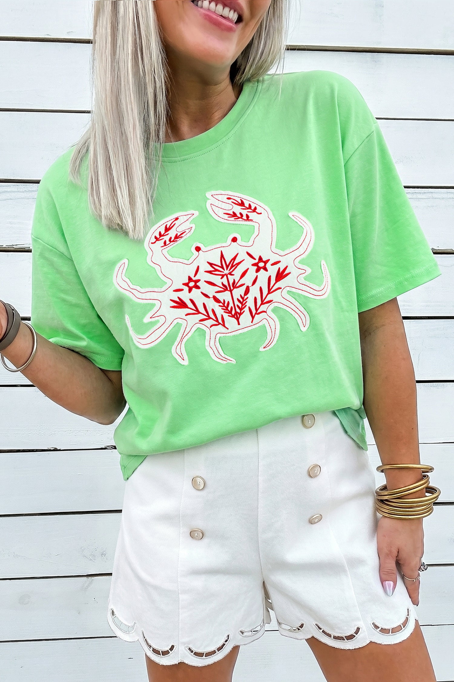 Crab Embroidered Patch Loose Round Neck Tee – Bright Green