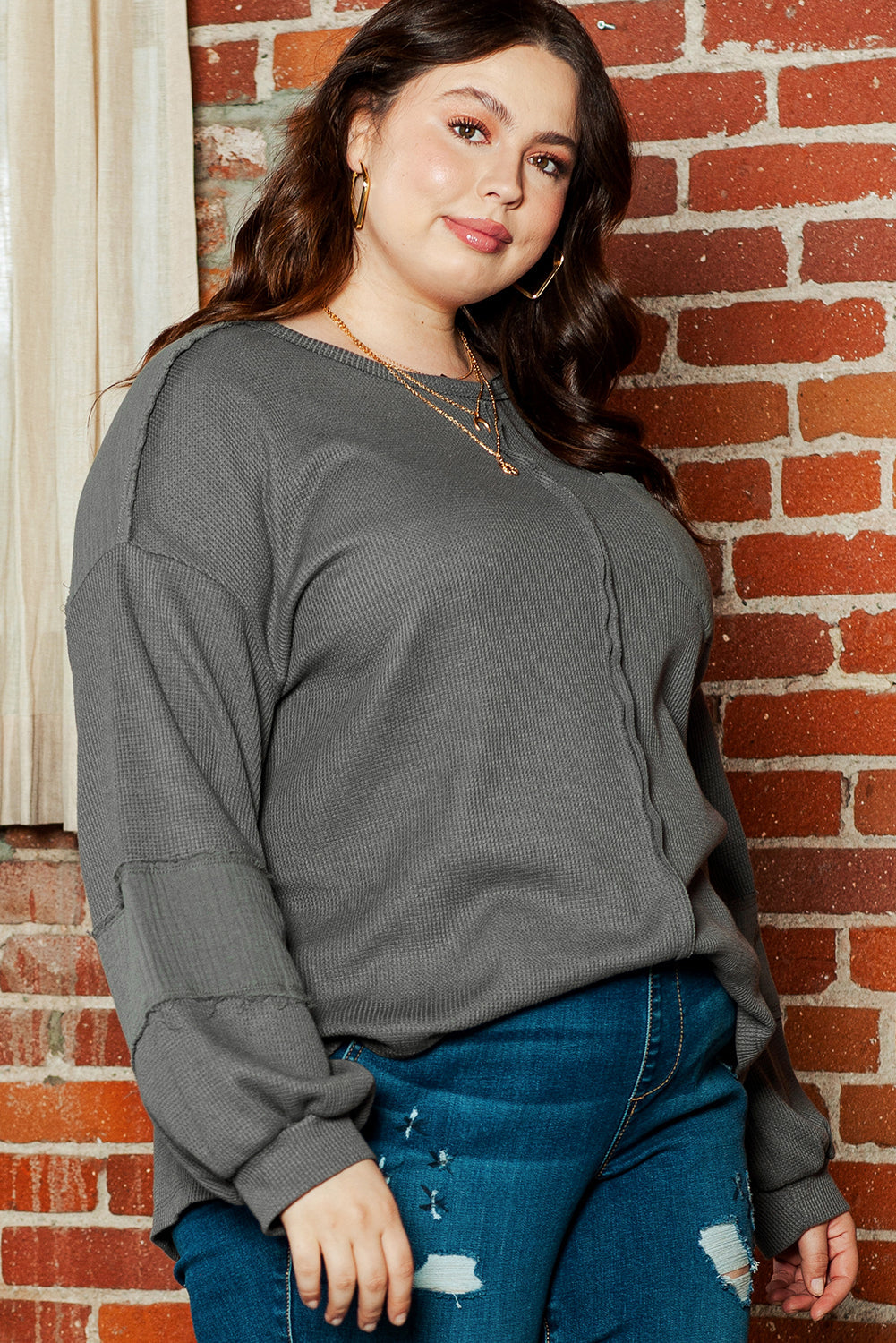 Black Plus Size Exposed Seam Crinkle Patchwork Top BB Fashion Outlet