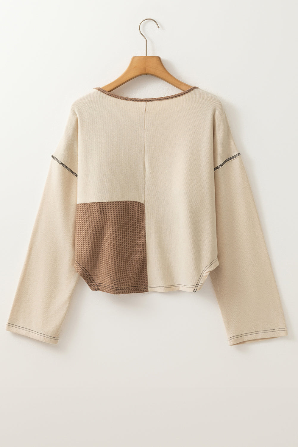 Waffle Stitch Detail Long Sleeve Boxy Top - eAura