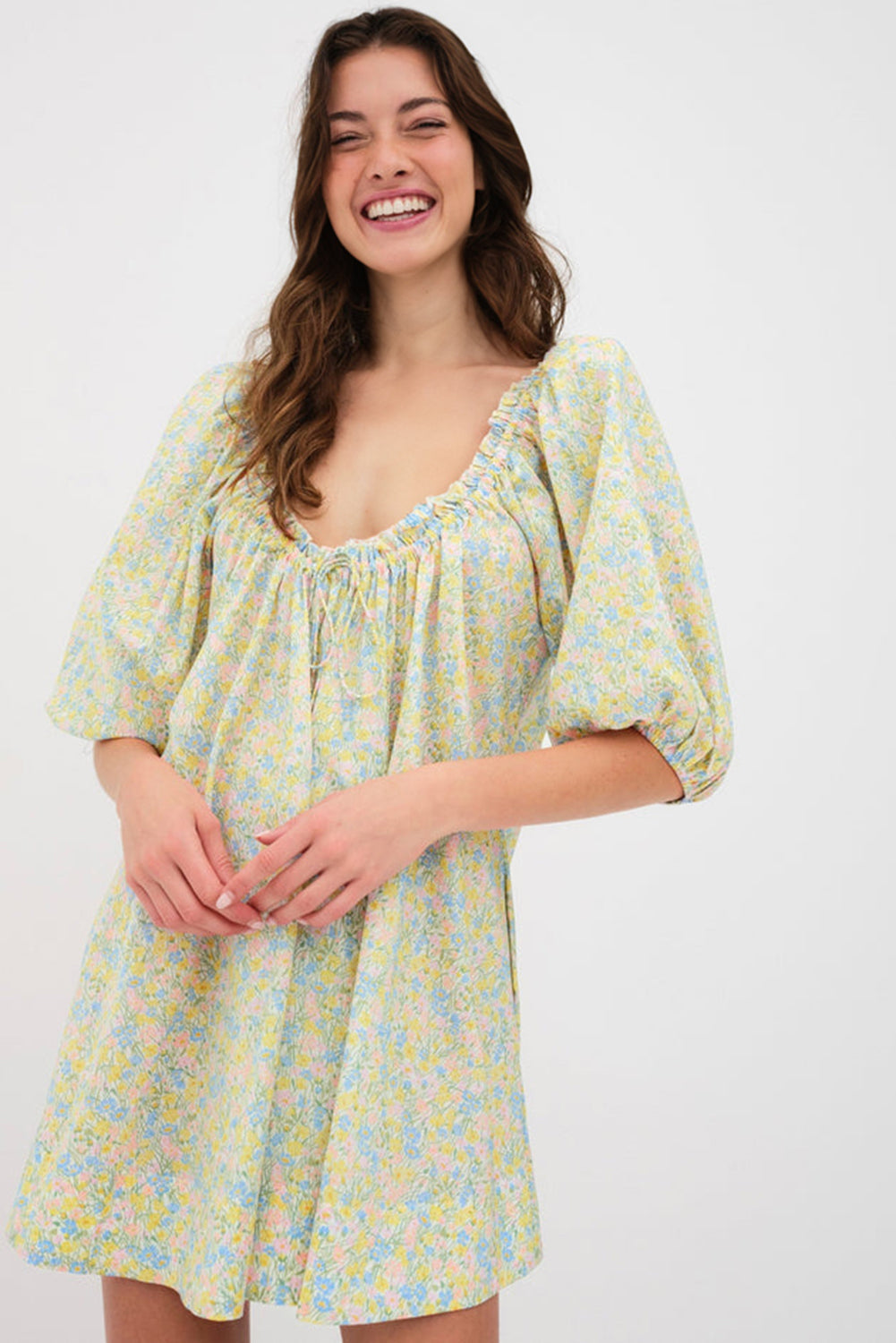 Green Floral Half Sleeve Frilled U Neck A-line Short Dress eAura
