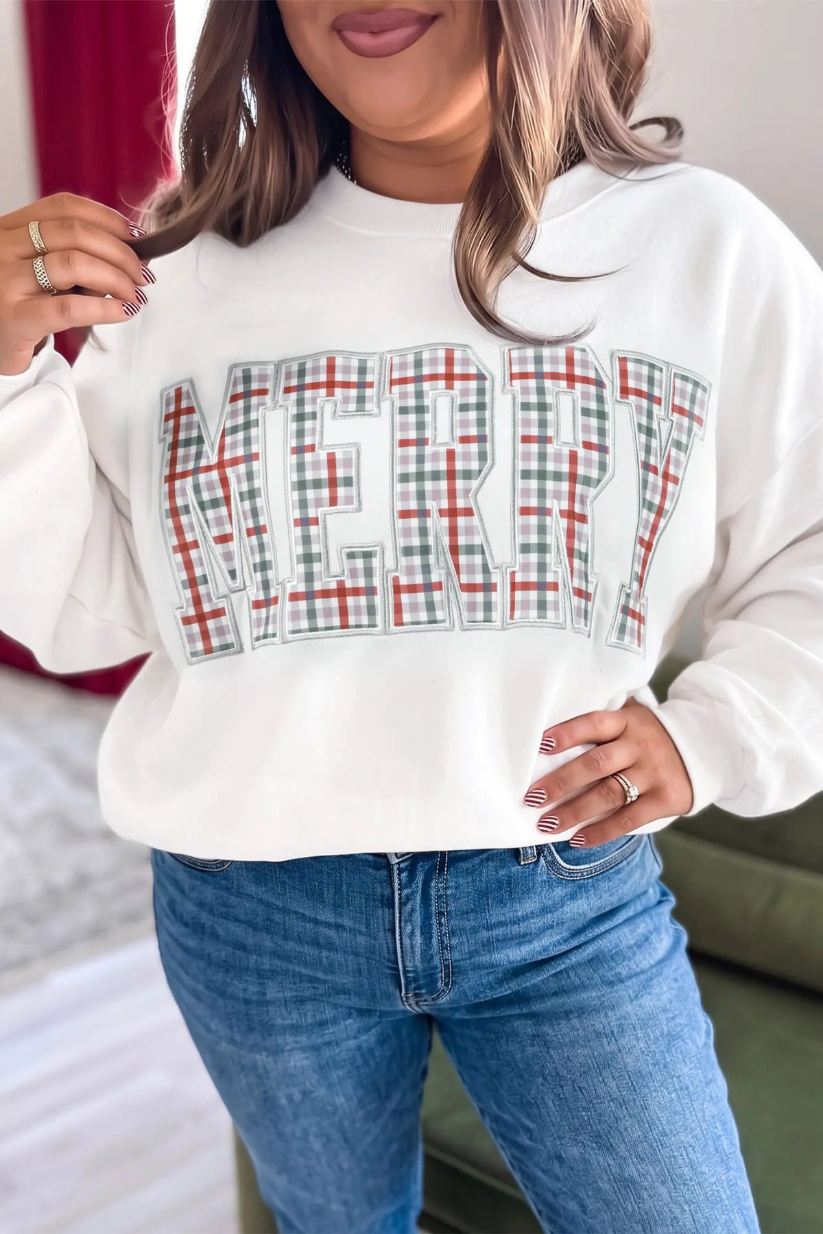 Plus size long sleeve top — MERRY plaid letter print sweatshirt