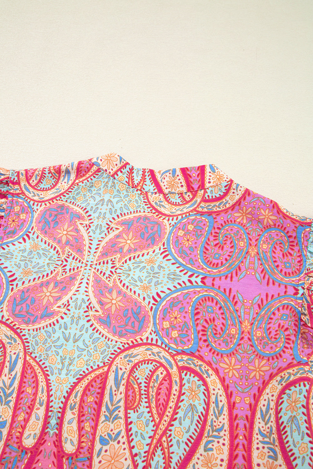 Rose Tribal Paisley Print Ruffled Sleeve Notch Neck Midi Dress eAura