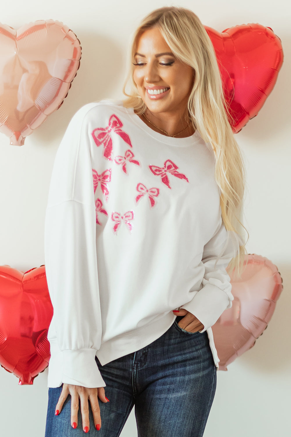 White Sequin Bowknot High Low Oversize Sweatshirt eAura