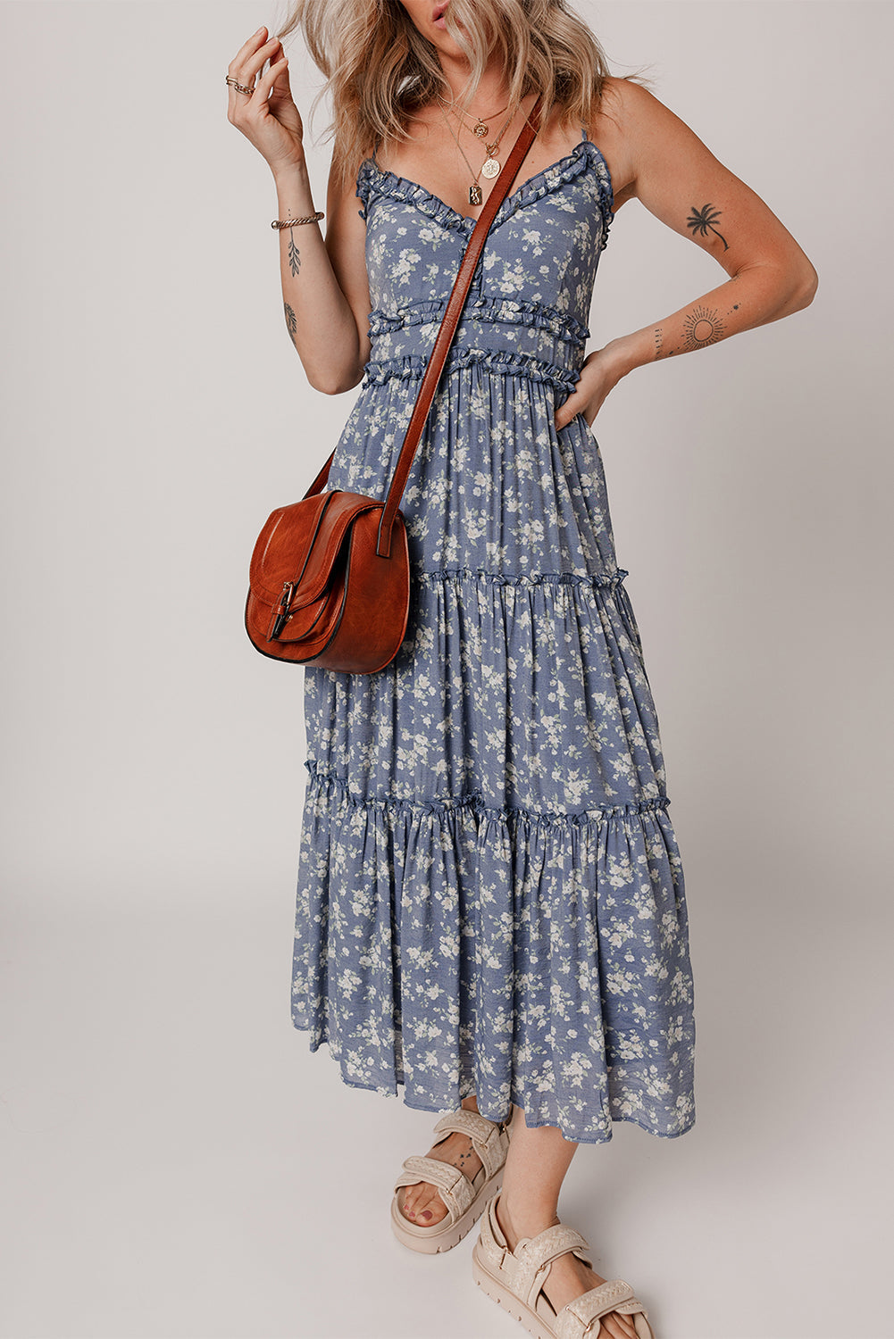 Blue Floral Spaghetti Strap Frilled V Neck Tiered Midi Dress eAura
