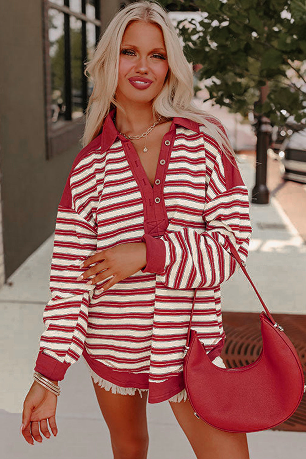 Red Stripe Buttoned V Neck Collared Drop Shoulder Top Beagle Boutique Fashion Outlet
