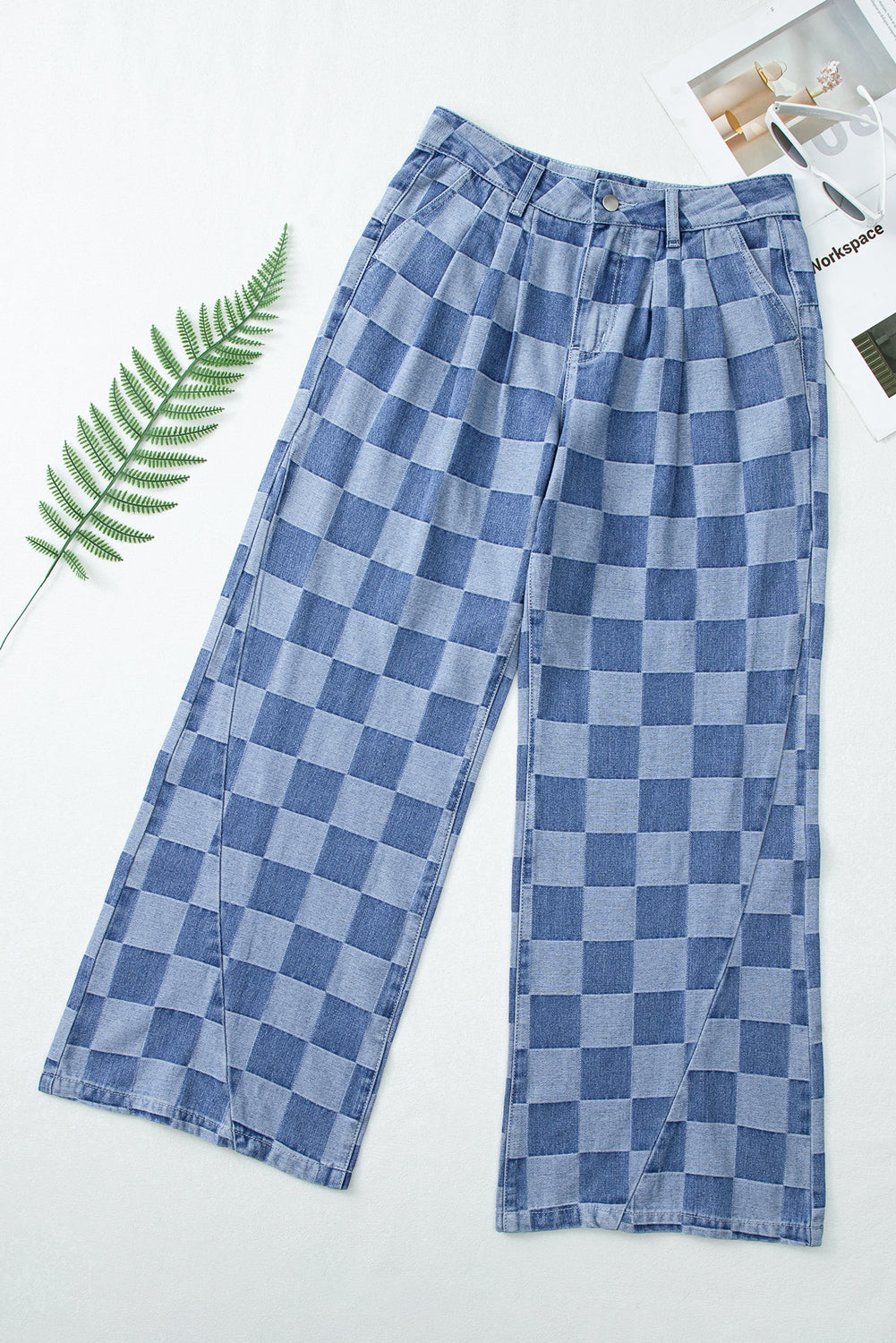 Dark Grey Checkered Denim Wide Leg Jeans eAura