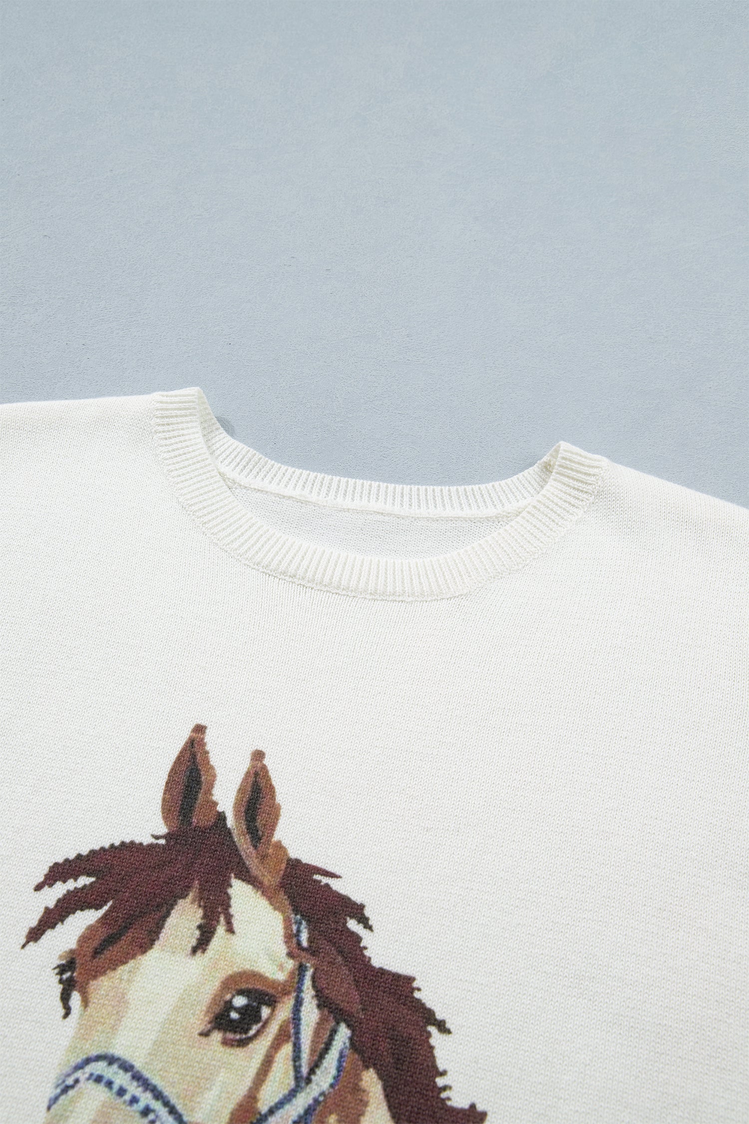 White Wild West Horse Head Print Short Sleeve Sweater