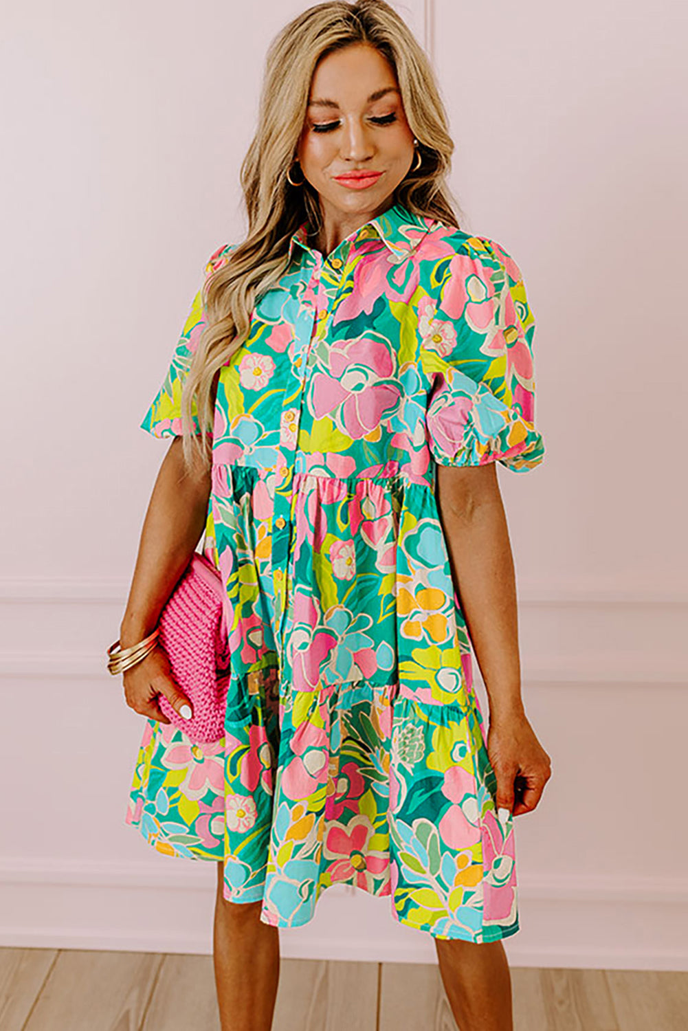Green Floral Puff Sleeve Collar Buttoned Babydoll Dress eAura