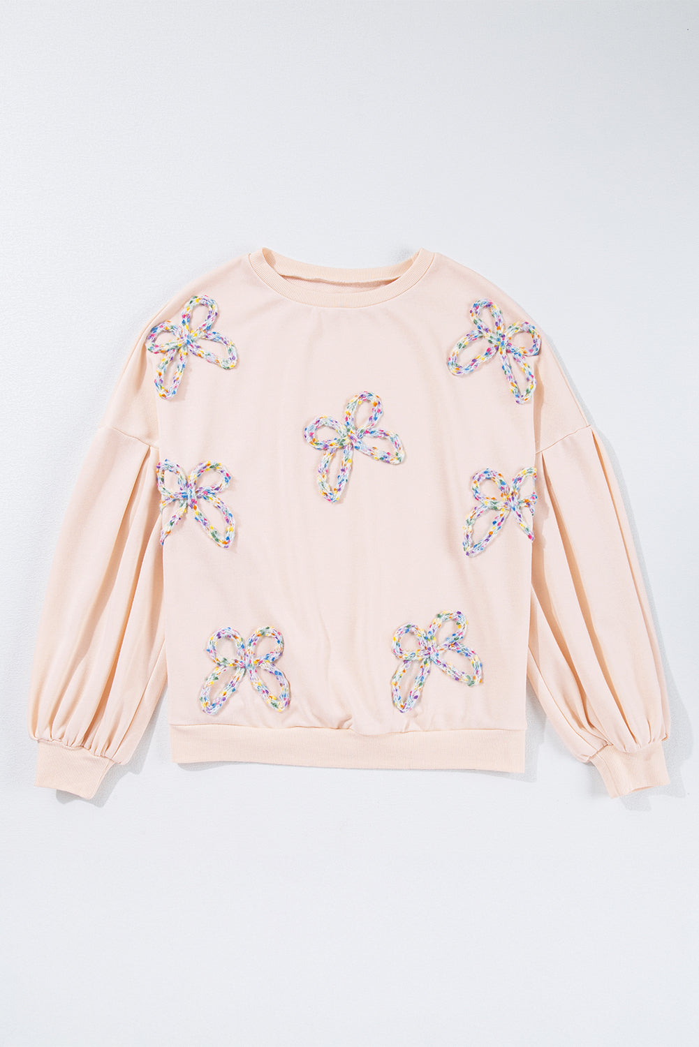 Parchment Embroidered Bow Lantern Sleeve Oversized Pullover Sweatshirt eAura