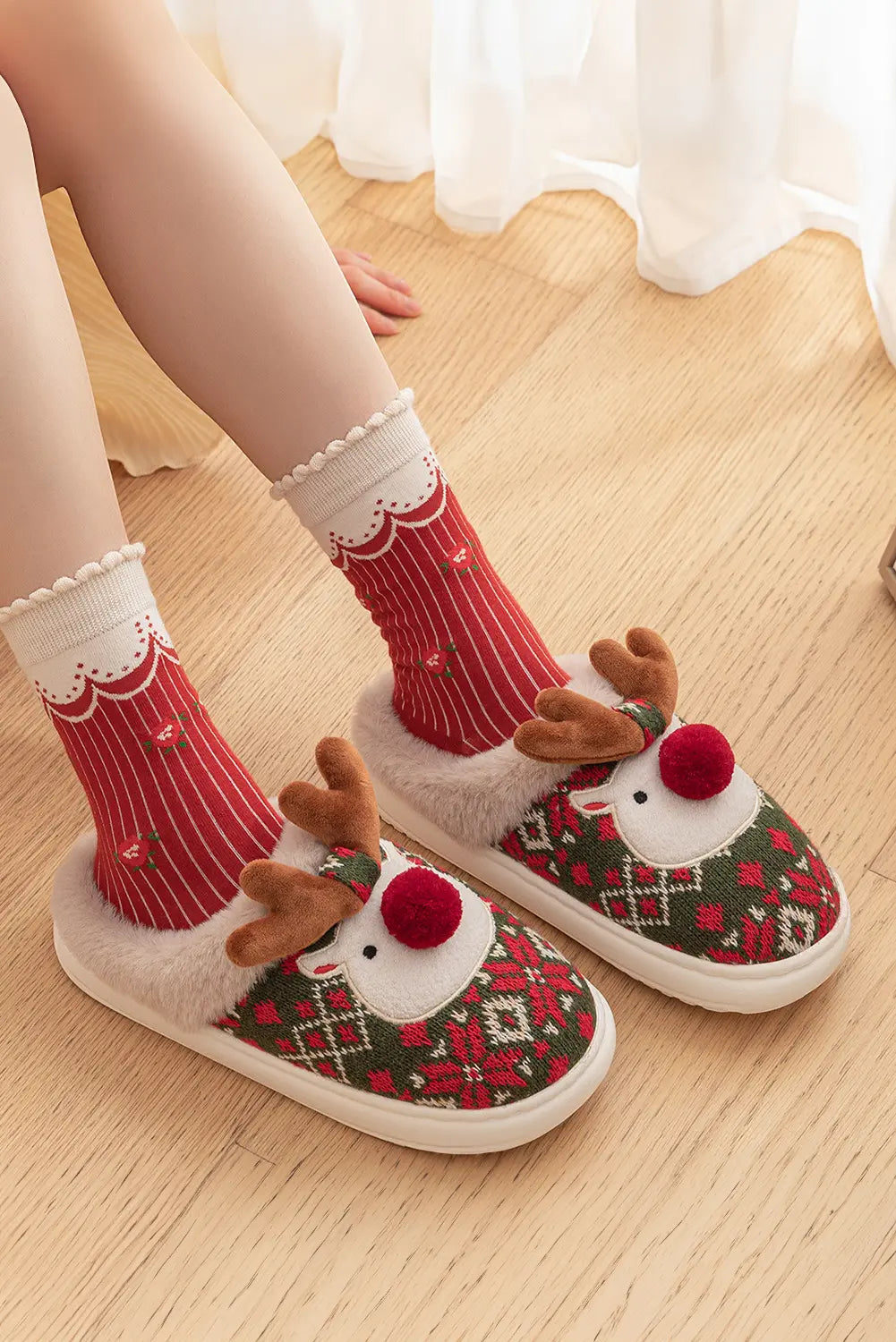 Christmas Cartoon Reindeer Plush Home Slippers