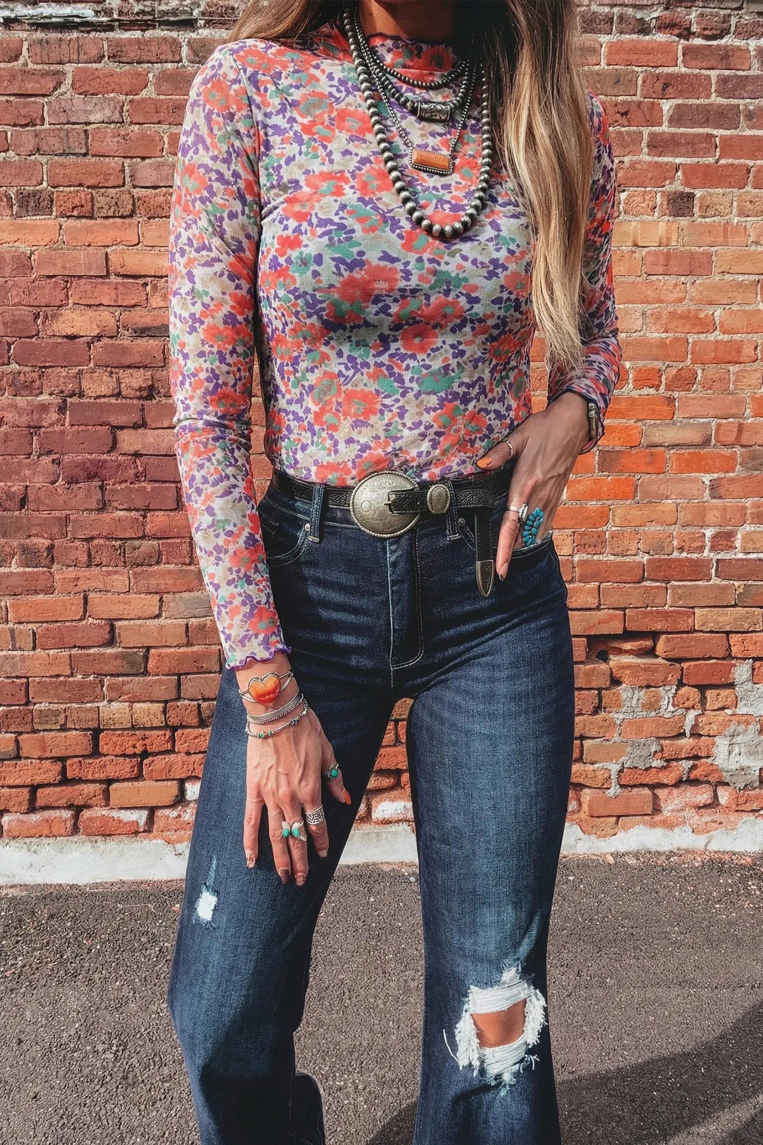Western Print Slim Fit Mesh Mock Neck Long Sleeve Top