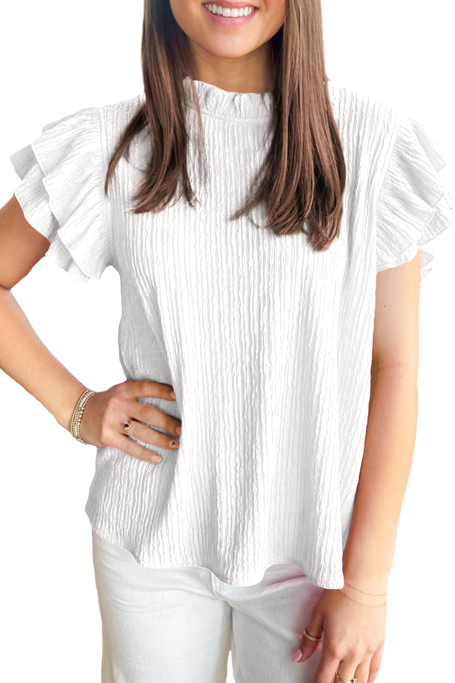 Solid Color Textured Ruffle Trim Short Sleeve Blouse – White