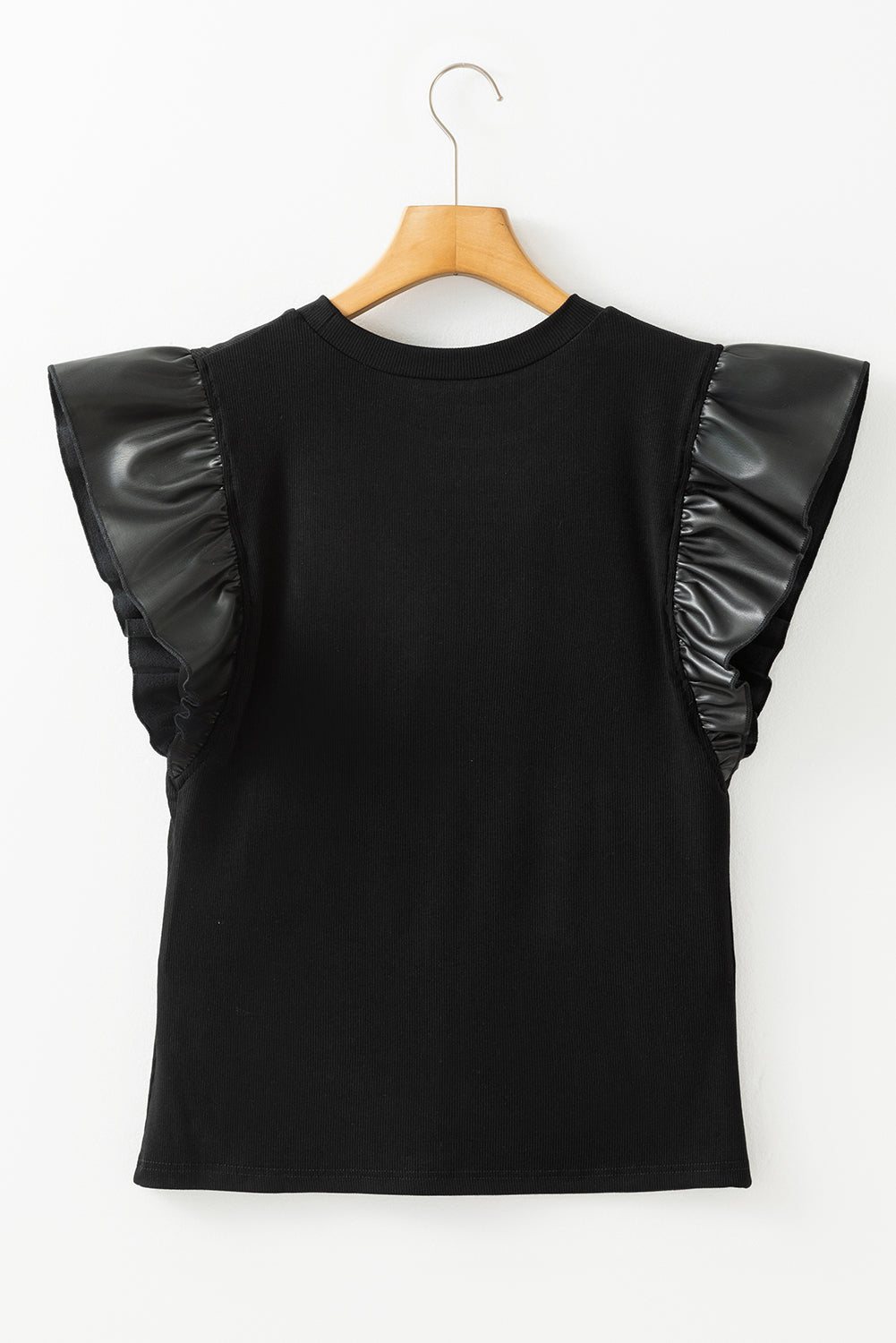 Black Leather Ruffle Sleeve Patchwork Round Neck Blouse eAura