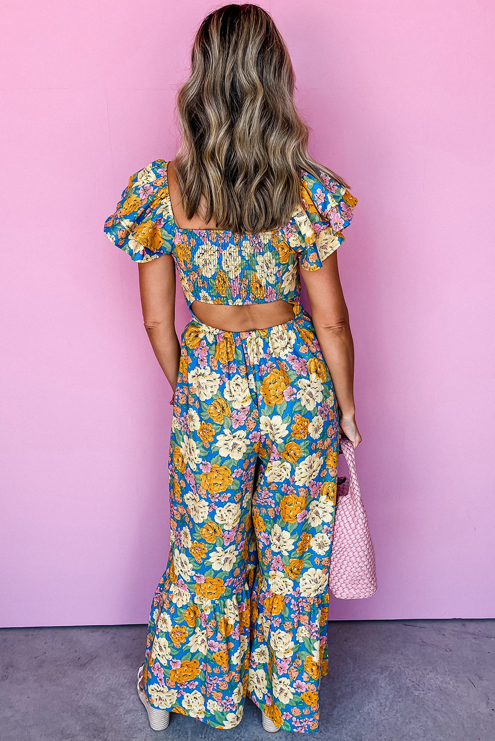 Yellow Floral Allover Print Shirred Cut Out High Waist Jumpsuit eAura