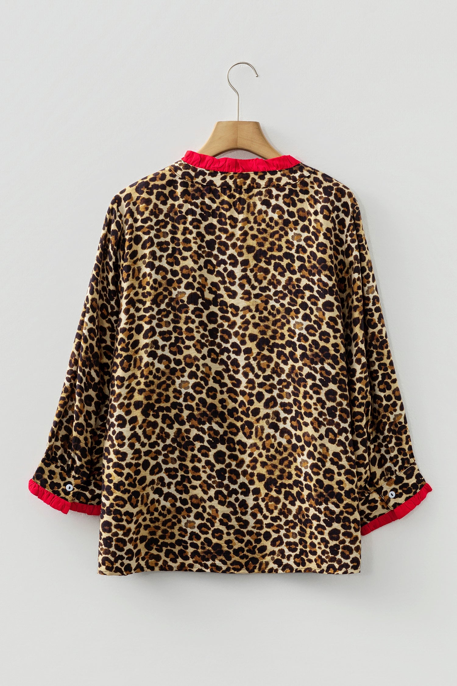 Leopard Allure Contrast Ruffle Trim V-Neck Shirt - eAura
