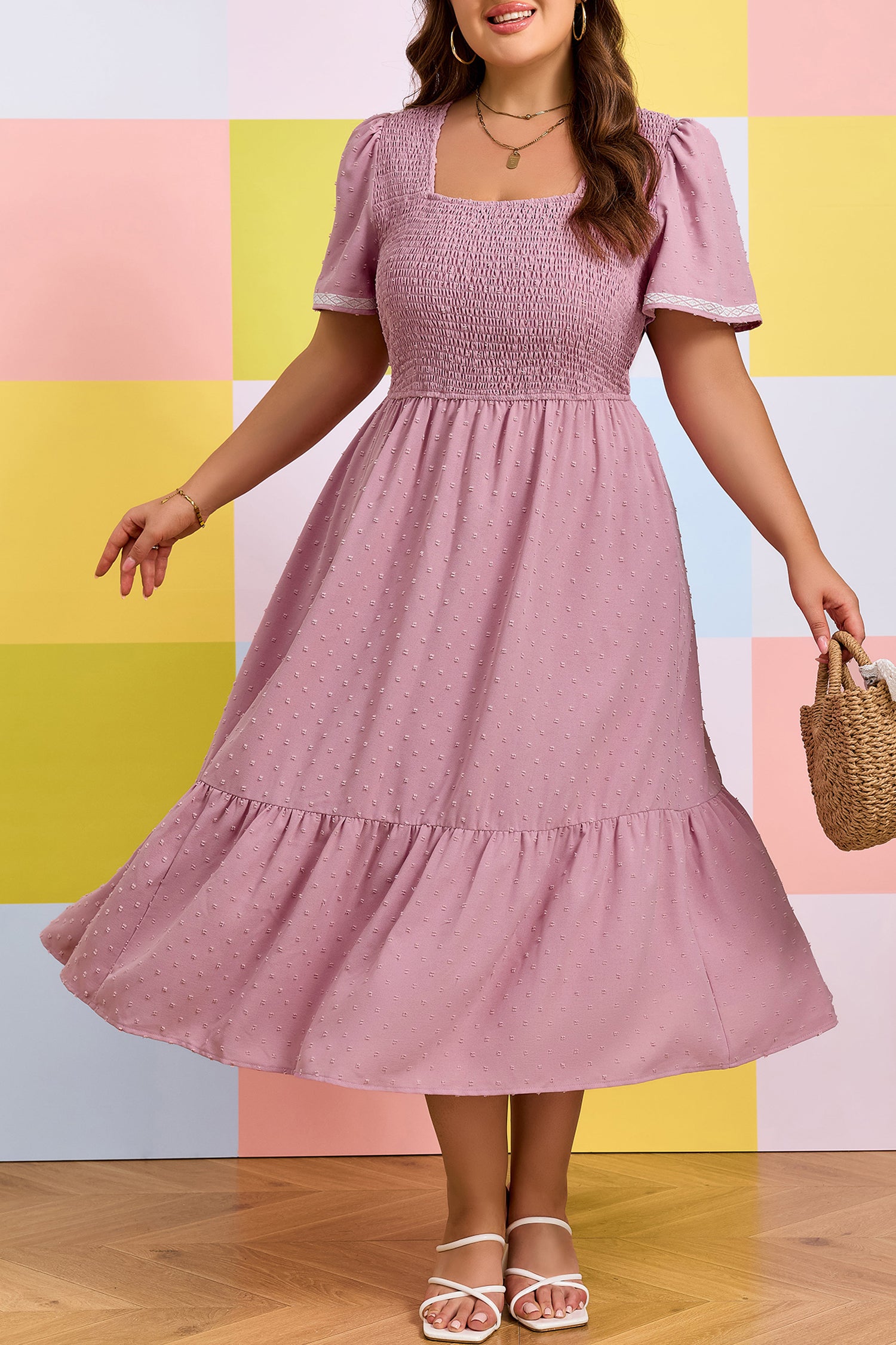 Plus Size Swiss Dot Smocked High Waist Flowy Midi Dress – Pink
