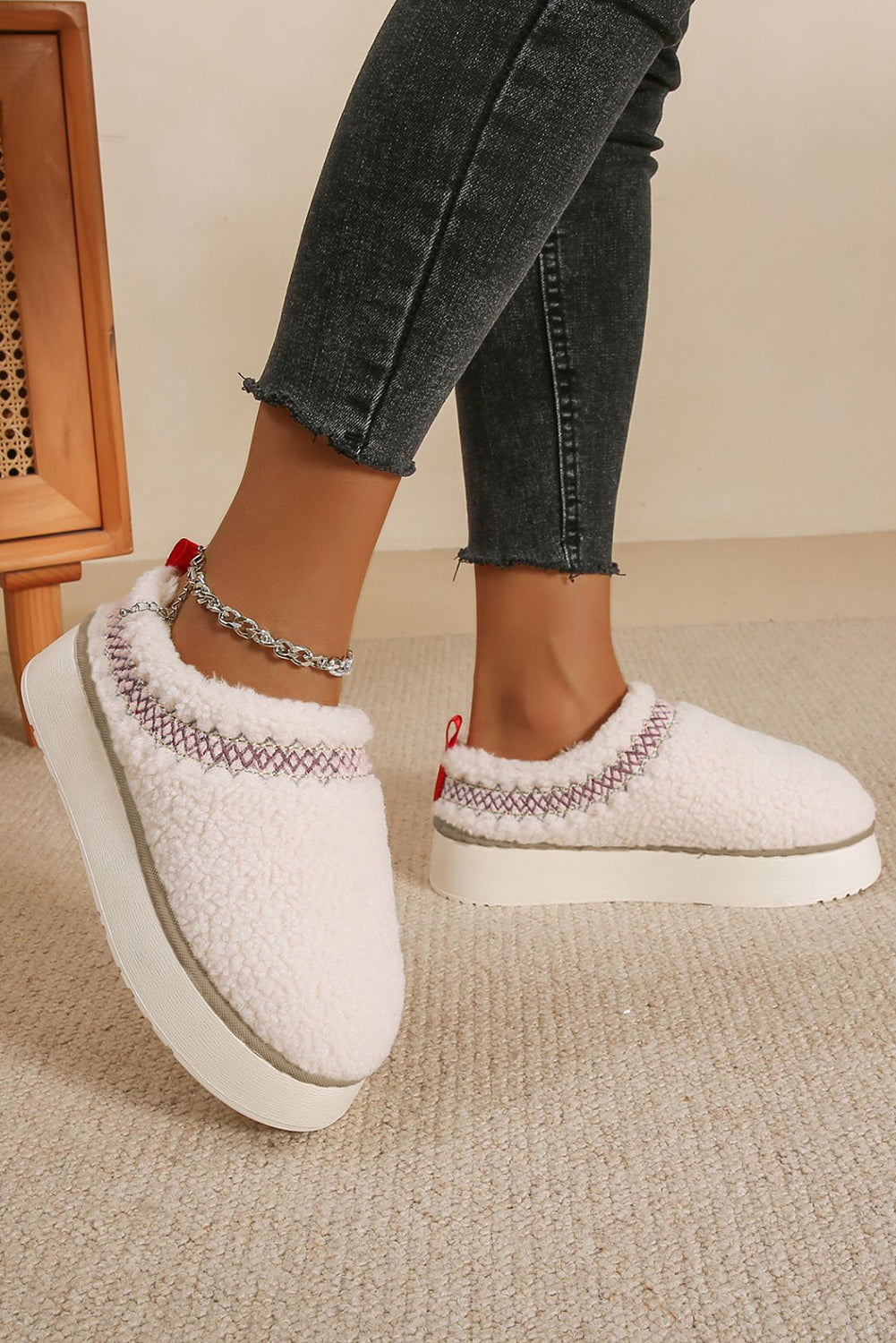 White Embroidered Sherpa Plush Thick Sole Winter Slippers - eAura