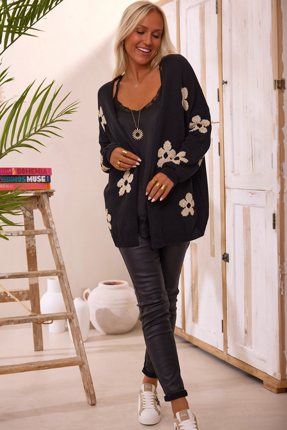 Black Floral Print Knitted Open Front Loose Cardigan eAura