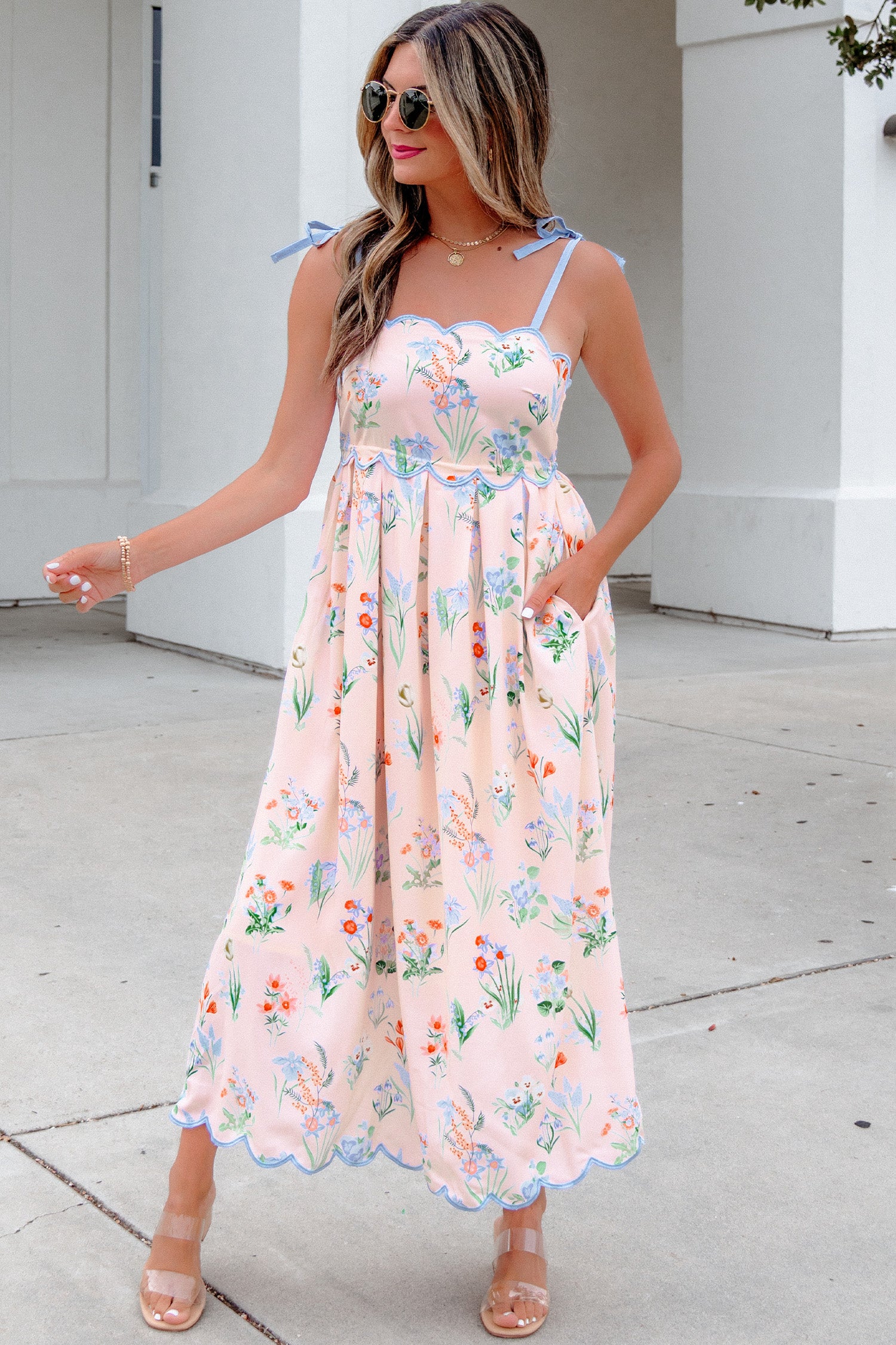 Floral Print Contrast Trim Self-Tie Straps Midi Dress