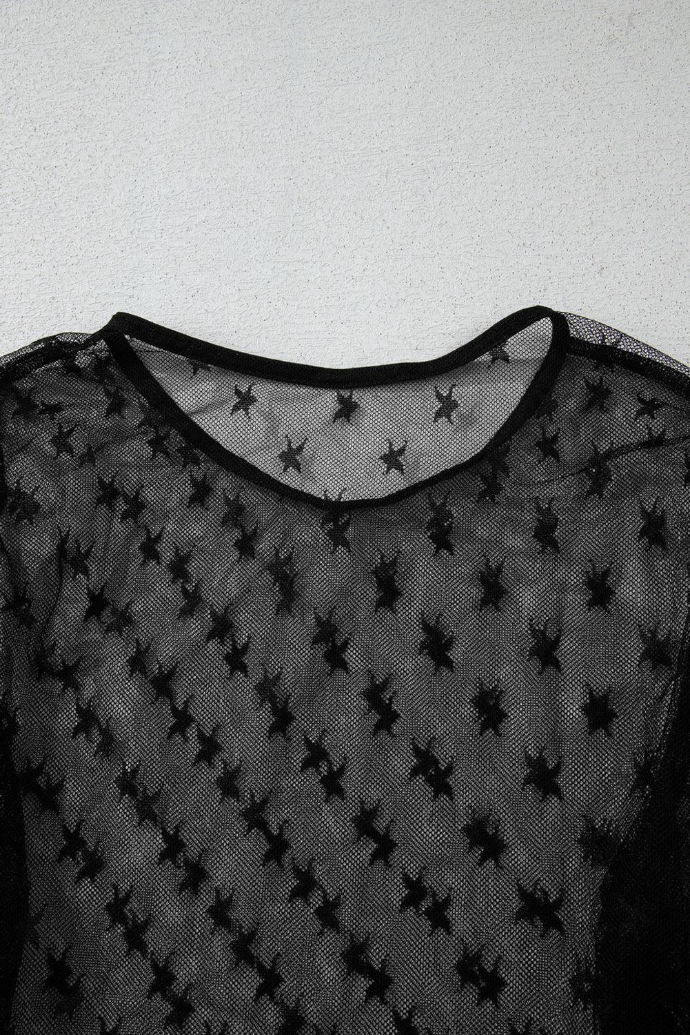 Black Star Print Mesh Sheer Slim Long Sleeve Top eAura