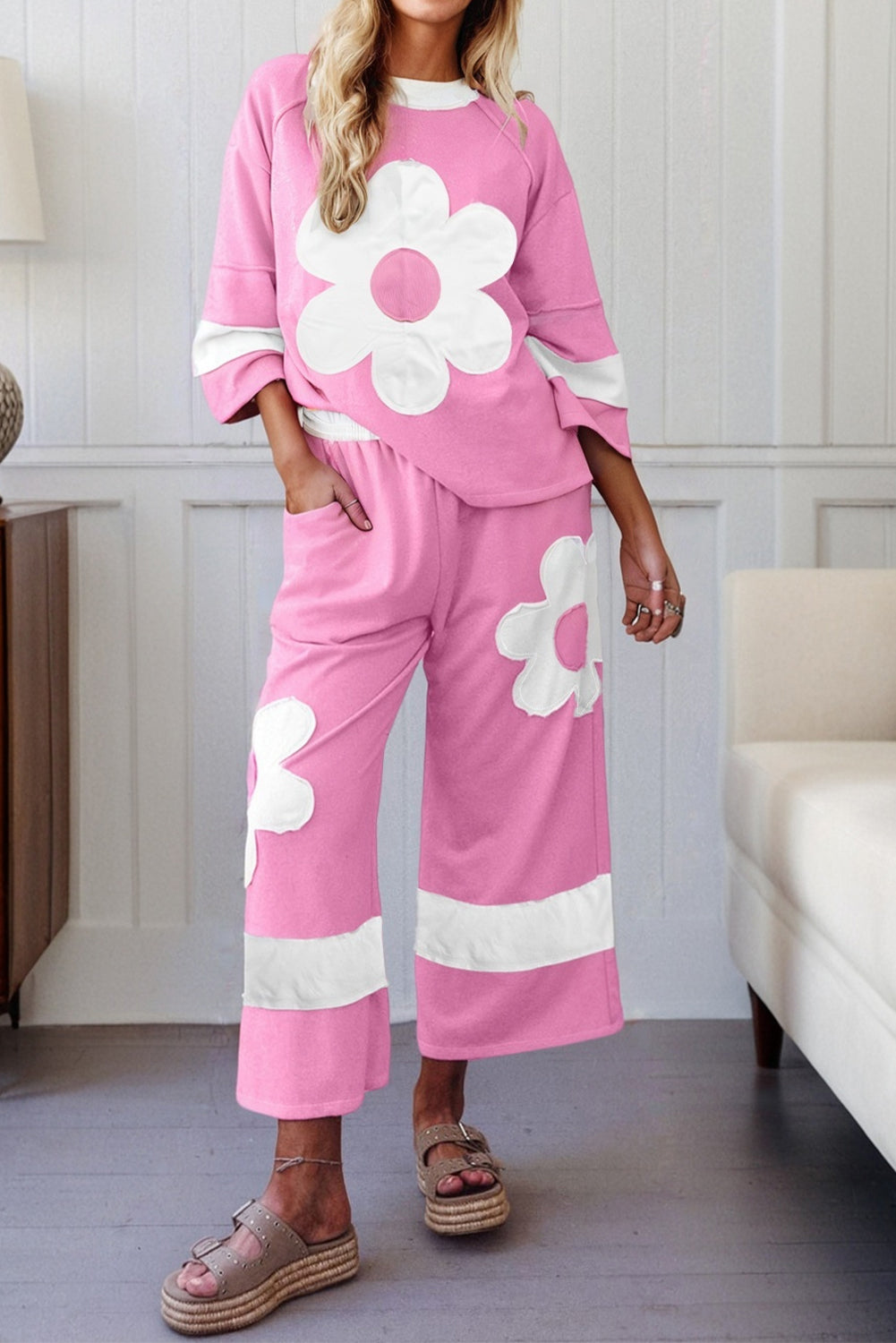 Orchid Bouquet Big Flower Patched Raw Seam Color Block 2 Piece Loose Pant Set Dear-Lover Dropshipping