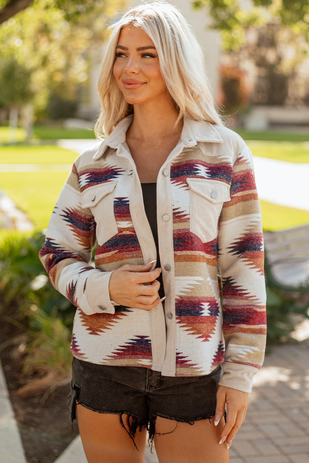 Western Aztec Ribbed Patchwork Double Flap Pocket Raw Hem Shacket eAura