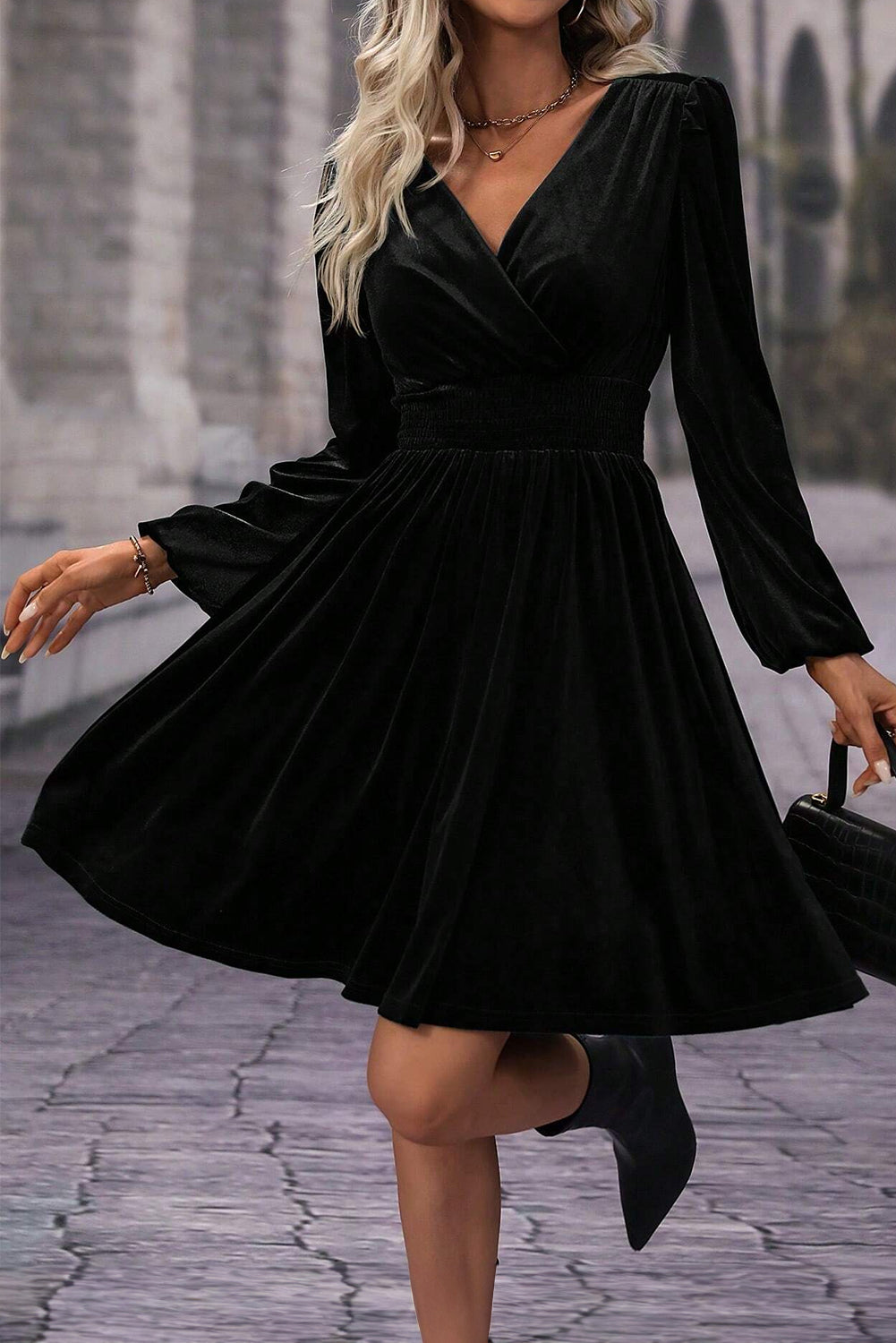Black Velvet Long Sleeve Surplice High Waist Mini Dress eAura