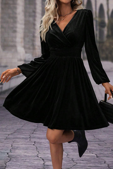 Black Velvet Long Sleeve Surplice High Waist Mini Dress eAura
