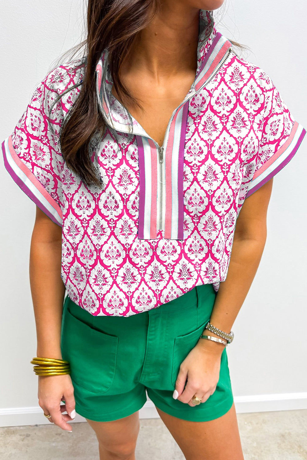 Western Print Zipped Collar Short Sleeve Blouse Top - eAura