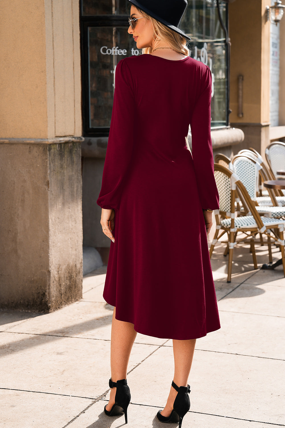 Burgundy Solid Color Ruched Detail Long Sleeve Midi Dress Dear-Lover Dropshipping