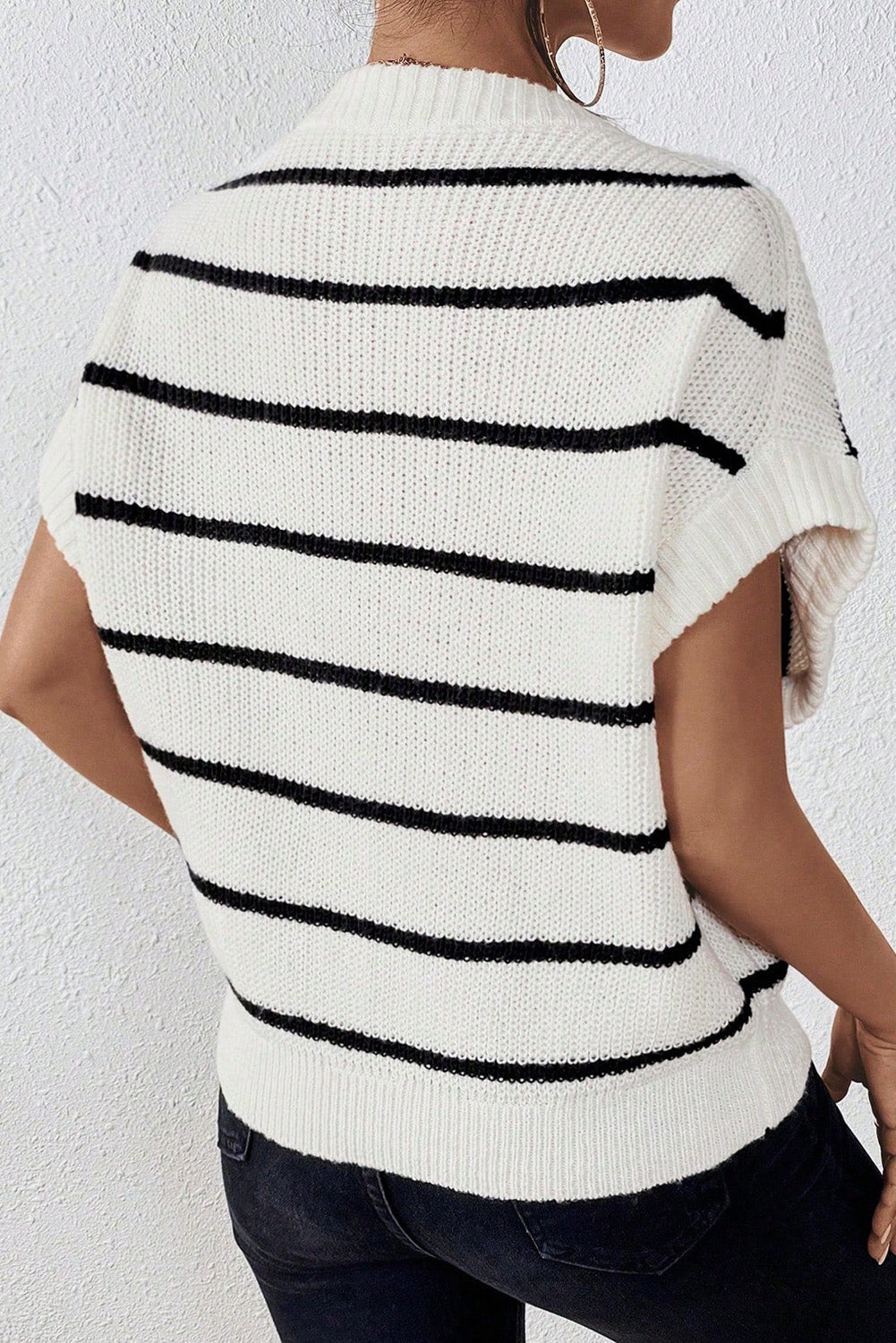White Stripe Round Neck Batwing Sleeve Sweater eAura