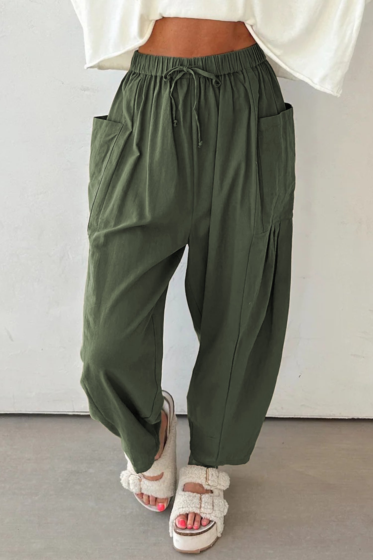 Drawstring Elastic Waist Pocket Barrel Leg Casual Pants - eAura