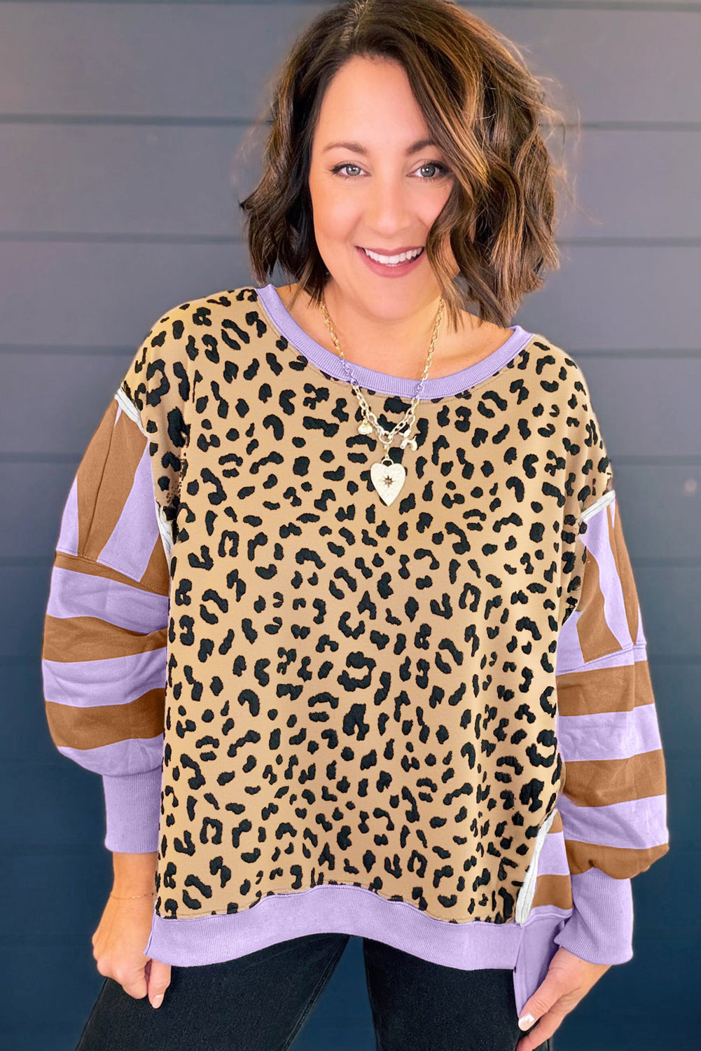 Purple Leopard Striped Patchwork Plus Size Loose Sweatshirt Dear-Lover Dropshipping