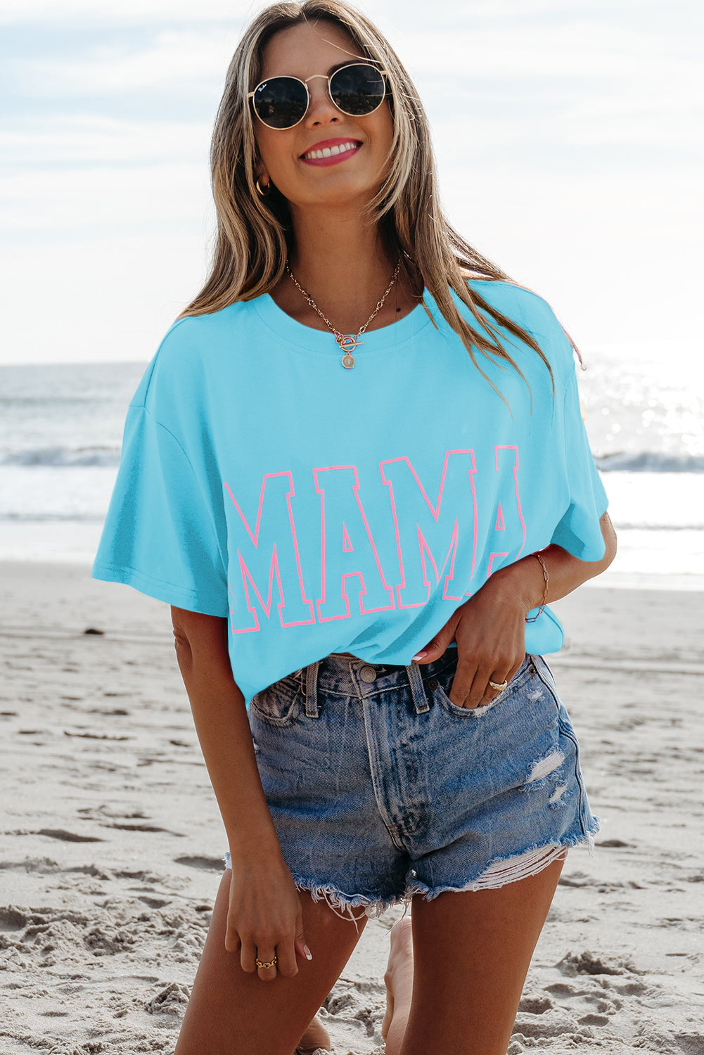 Light Blue MAMA Letter Graphic Neon T Shirt - eAura