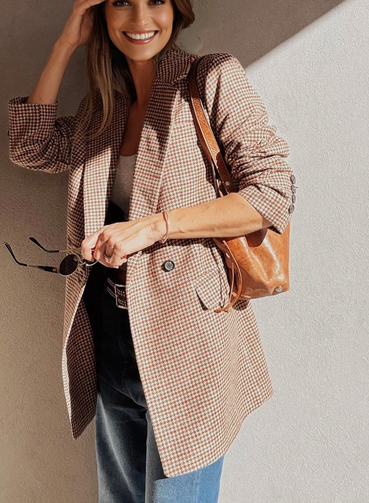 Brown Houndstooth Lapel Collar Blazer eAura