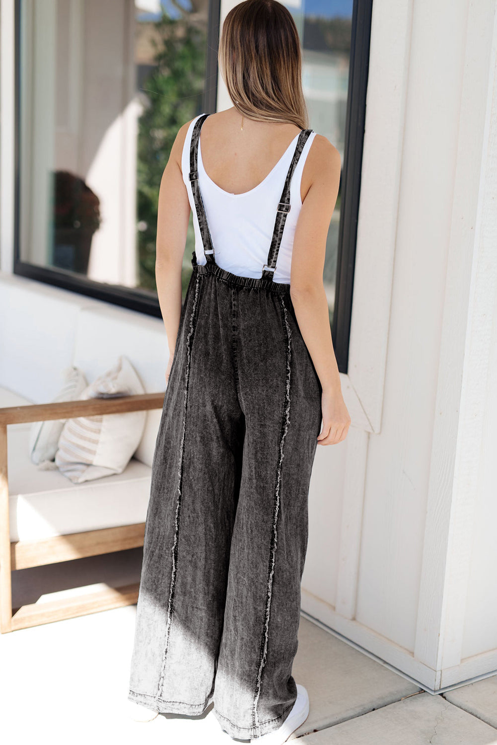 Dark Grey Light Wash Frayed Exposed Seam Wide Leg Denim Overall eAura