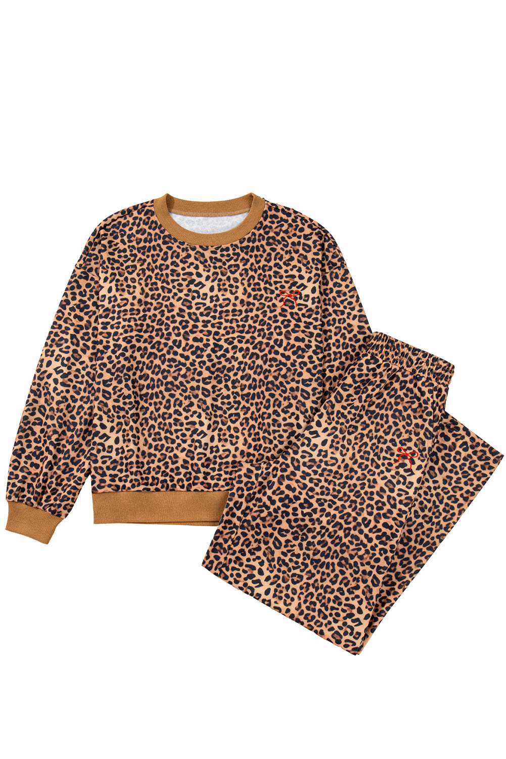 Leopard Pullover and Pants Co-ord Outfit with Bow Embroidery - eAura