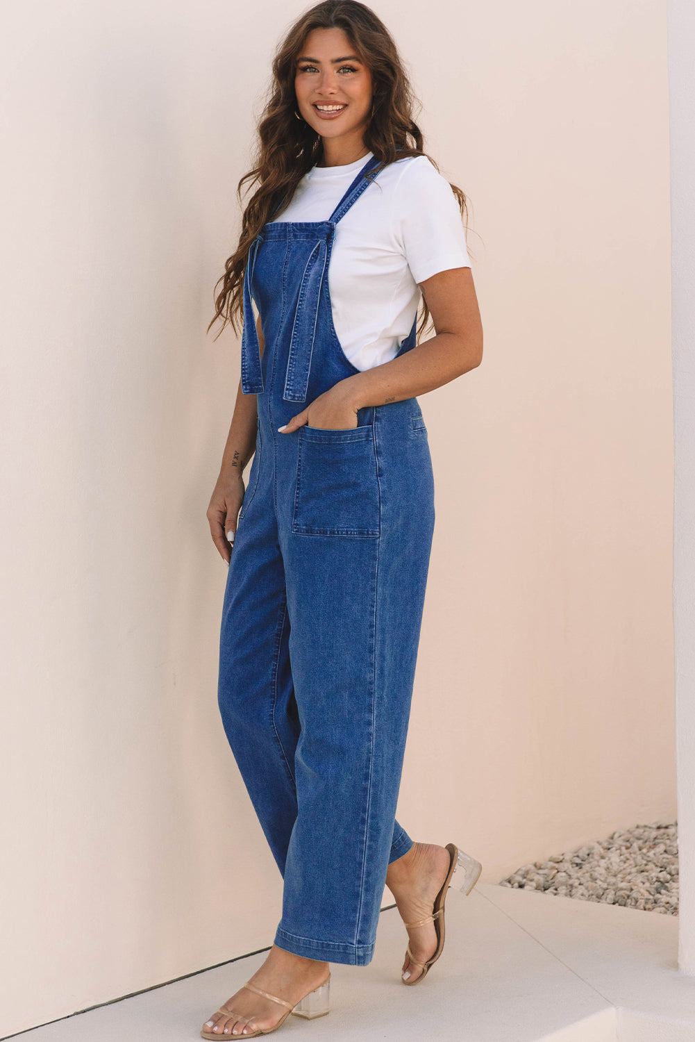 Blue Mineral Wash Knot Strap Patched Pocket Wide Leg Denim Overalls Dungarees BB Fashion Outlet