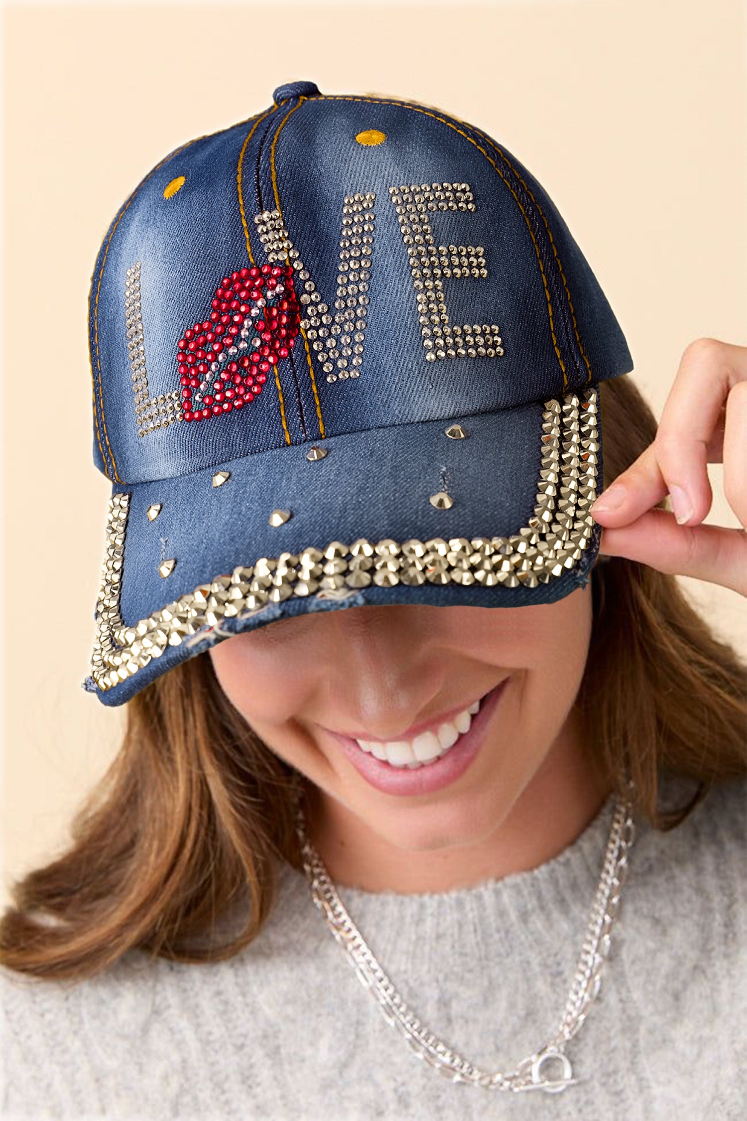 Blue Rhinestone Embellished LOVE Lip Denim Baseball Cap