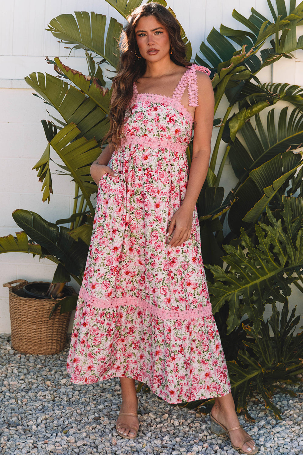 Pink Floral Lace Tied Strap Empire Waist Maxi Dress eAura