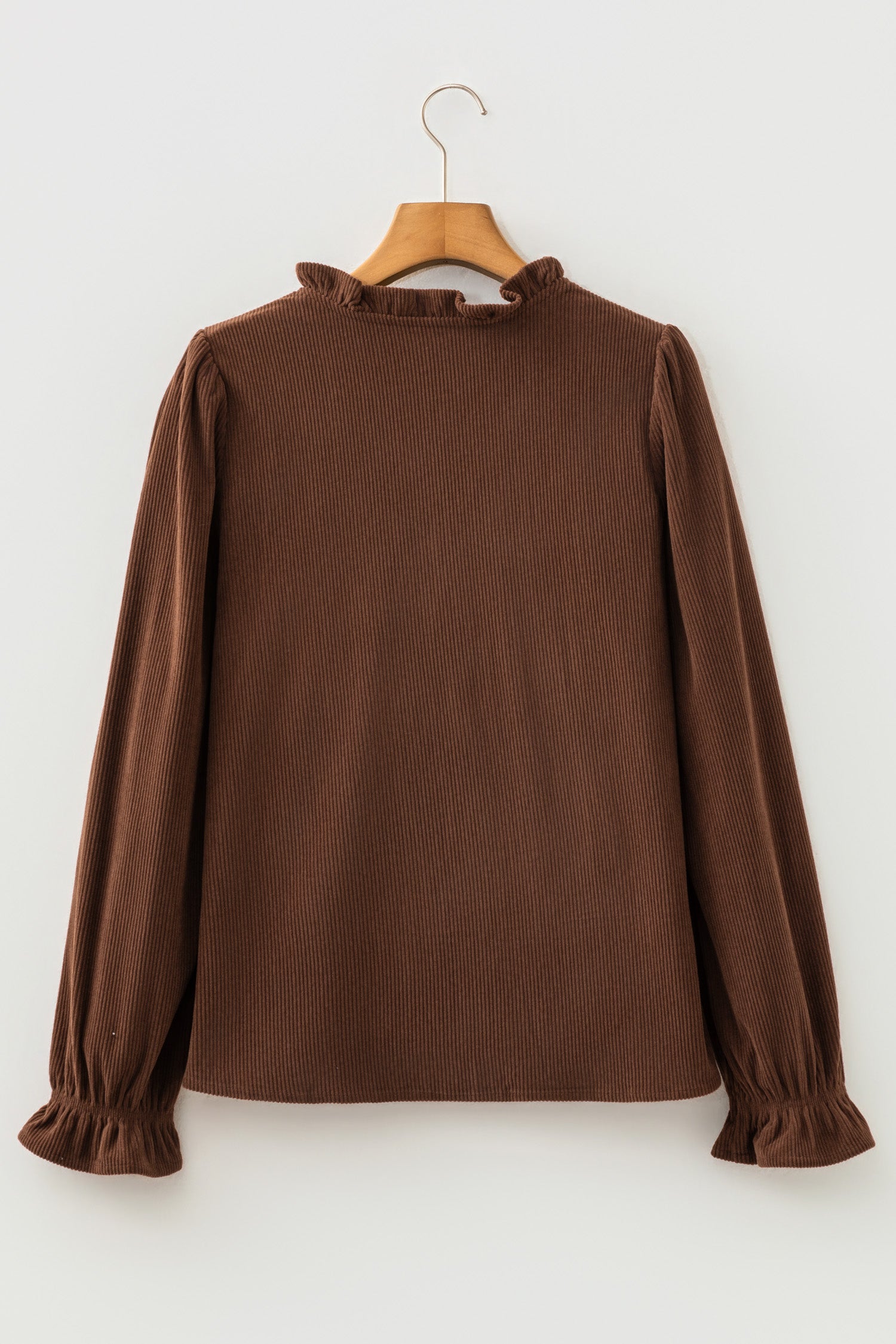 Coffee Solid Color Ruffle Trim V Neck Long Sleeve Button Corduroy Shakcet – Brown