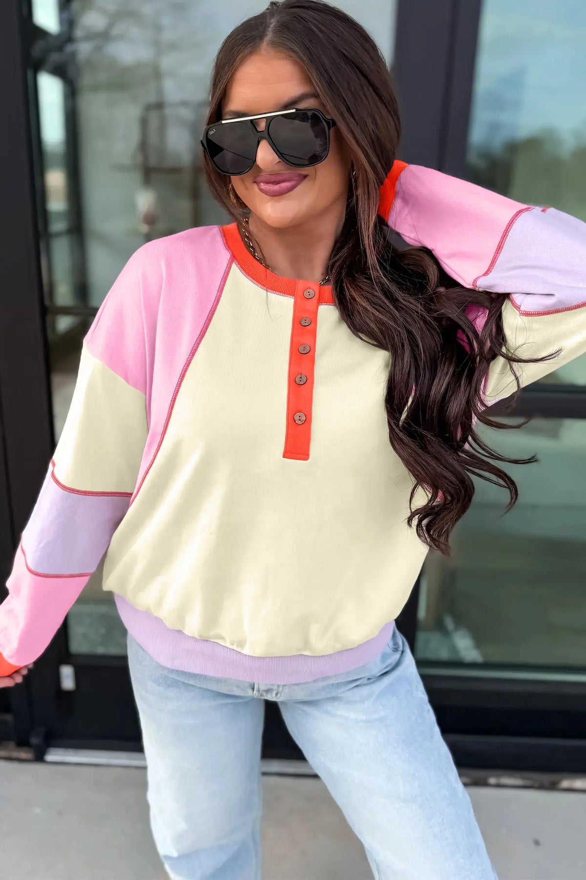 Exposed Seam Colourblock Patchwork Pullover Long Sleeve Top – Multicolour