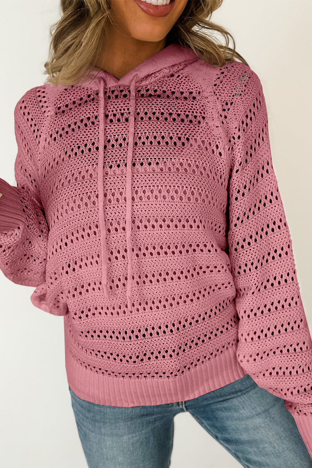 Peach Blossom Pointelle Knit Raglan Sleeve Hooded Sweater eAura