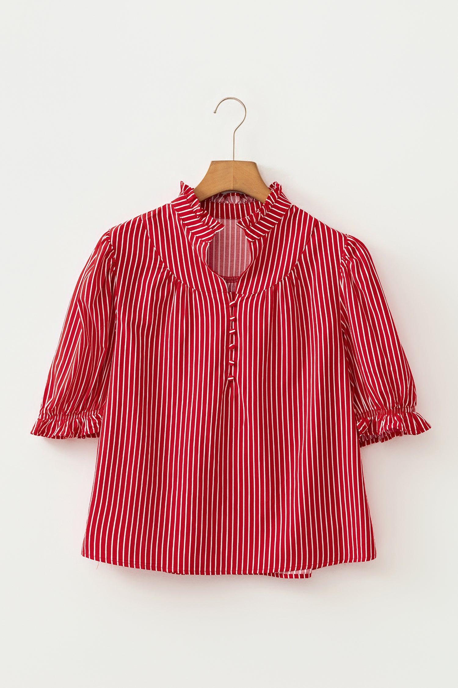 Ruffled Short Puff Sleeve Button Front Blouse – Blue Stripe